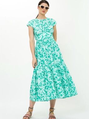 OLIPHANT Cap Sleeve Midi Acadia Dress Aqua Size Large